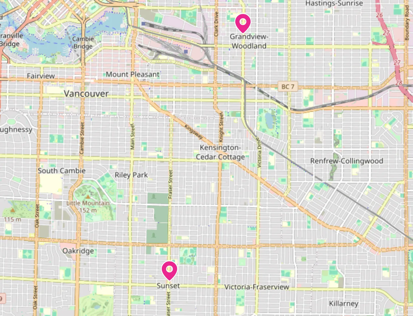 Map of Vancouver showing the CellFixx Fraser Street and Commercial Drive stores